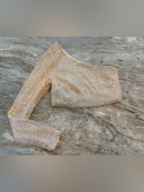 Adika Small Champagne Iridescent Sequin Long Sleeve Crop Top Party Clubwear